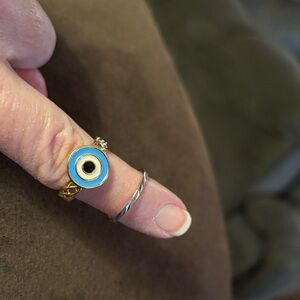 Pretty Bird jewelry Blue Evil Eye Ring with Gold Band and silver stacking band